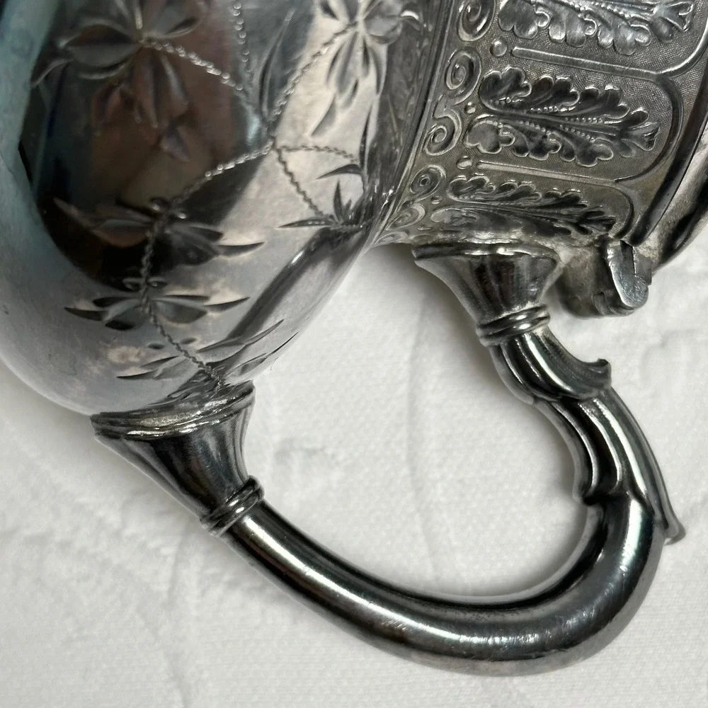 James W Tufts Boston Antique Quadruple Plate Silver Teapot Creamer Floral 1948